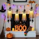 Halloween Decorations Outdoor Indoor, 4pcs Hanging Ghost Decor with Light, Spooky Swinging Witch Hat Ghosts for Halloween Decor, Perfect for Yard, Patio, Garden, Tree (Includes 24 Batteries)