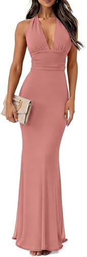 Prinbara Womens Summer Halter Deep V Neck Formal Bodycon Maxi Dresses 2026 Backless Mesh Wedding Guest Cocktail Long Dress, Size S