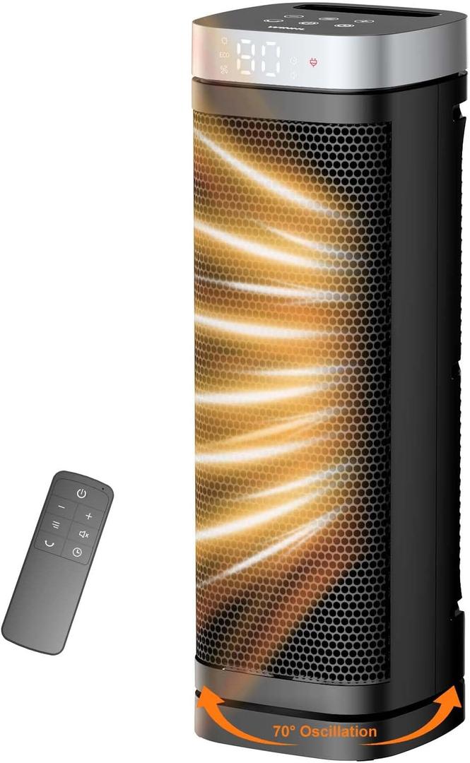 Space Heater, WINHL 17 Inches Electric Heaters for Indoor Use with Thermostat and Remote, 70Oscillation, 12H Timer, 5 Modes, 1500W PTC Ceramic Fast Safety Heat for Office Bedroom Home