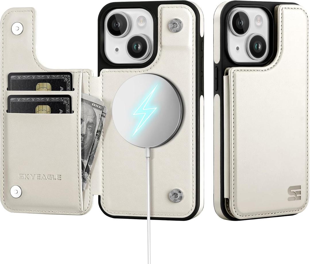 SkyEagle for iPhone 15 Wallet Case with Card Holder Compatible with Magsafe Kickstand RFID Blocking Flip Cover Credit Card Slots PU Leather Men Women Phone Case for Apple 15 6.1",White