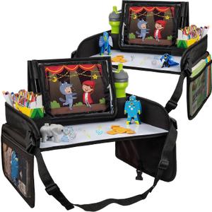 Lusso Gear Kids Lap Desk Tray (Value 2 Pack) - Mesh Pockets & Cup Holder for Car Travel Essentials - Car Seat Tray for Kids Travel & Tablet Holder - Dry-Erase Surface for Road Trip Activities - Black