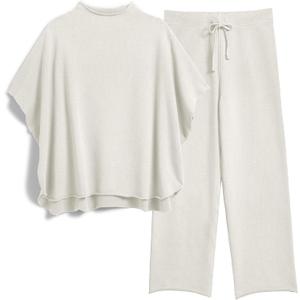 SeeLuNa Women's Two Piece Outfits 3/4 Batwing Sleeve Capelet Crew Neck Pullover Top Wide Leg Pants Lounge Set (S)