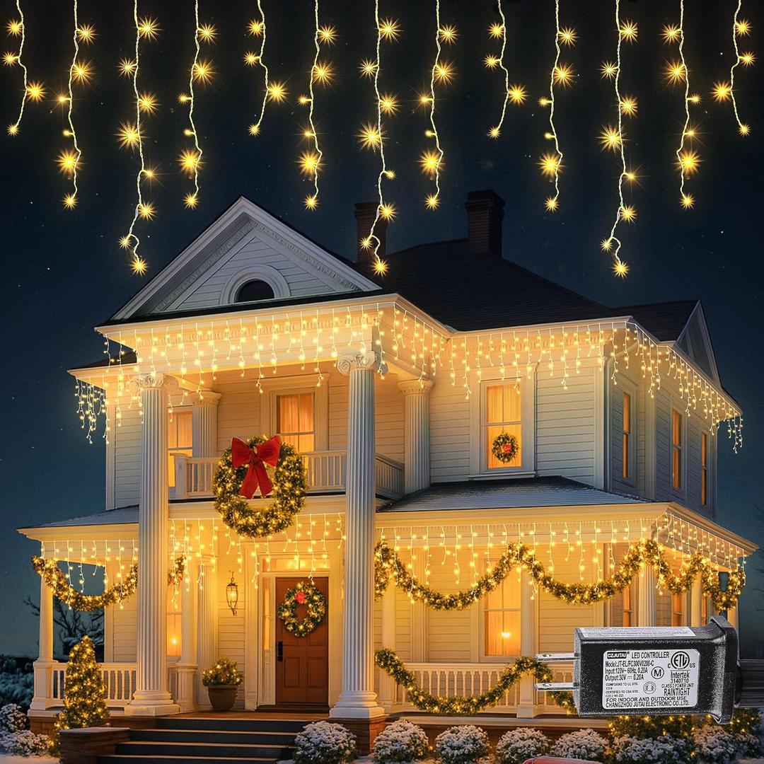 Hopolon 33FT 360L LED Christmas Icicle Lights Outdoor Waterproof,8 Modes Plug in Curtain String LIghts With 60 Drops,Christmas Lights for Wedding,Party,Bedroom,Home,Garden,Wall Decorations(Warm White)