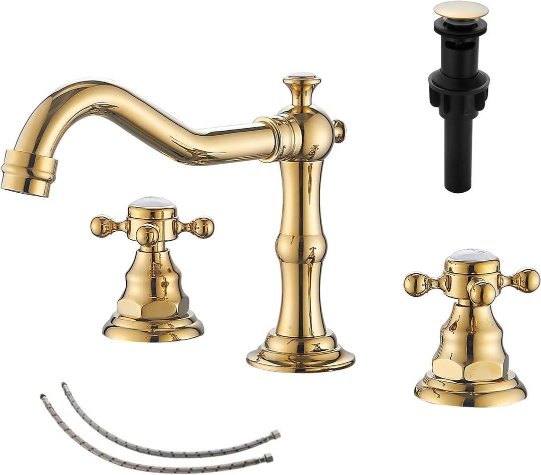 GGStudy 2 Handles 3 Holes Faucet Widespread Bathroom Sink Faucet Polished Gold Basin Tap Mixer Supply Hose Included Matching Metal Pop Up Drain