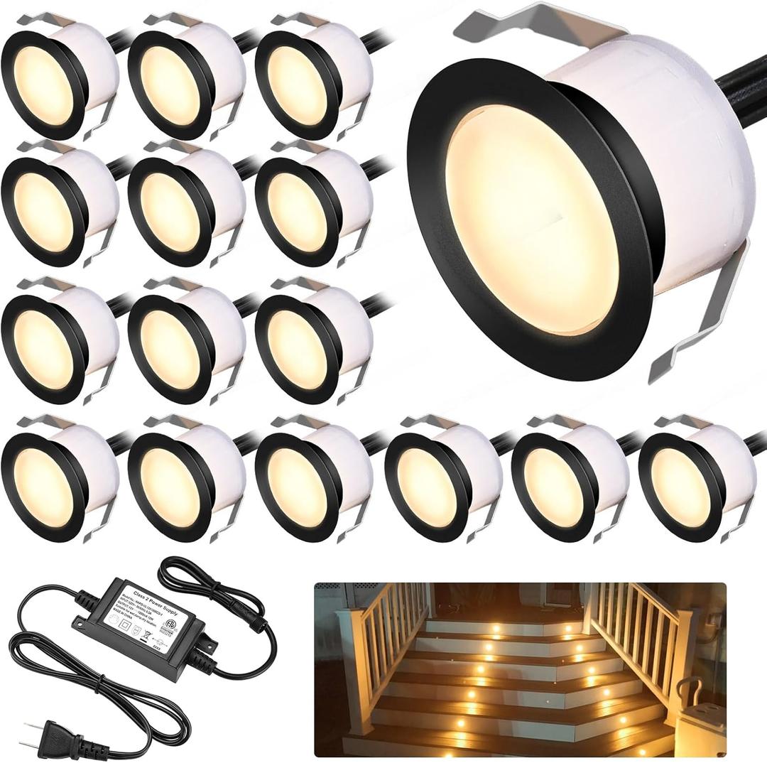 LED Deck Light Kits Warm White, 1.22 Recessed Step Light 16 Pack with Black Protective Shell, DC12V Low Voltage LED Deck Lighting, IP67 Waterproof Outdoor Stair Lights for Garden