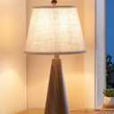 EDISHINE 21.85" Farmhouse Table Lamp, Rustic Bedside Lamp, Water Transfer Walnut Wood Grain Metal Base, Beige Linen Shade, Minimalist Nightstand Light for Living Room, Bedroom, Office, E26 Base