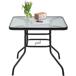32" Square Outdoor Dining Table - Tempered Glass Top with Umbrella Hole,Weather-Resistant Metal Patio Table for Backyard,Poolside, Balcony, Garden - Black