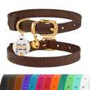 BRONZEDOG Leather Cat Collar with Removable Bells Non Breakaway Kitten QR Tag for Girl Boy (7" - 9" for Cats, Dark Brown & Gold)