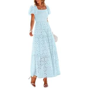 PRETTYGARDEN Summer Dresses for Women 2025 Eyelet Square Neck Puff Sleeve Smocked Wedding Guest Maxi Dress with Pockets, Size Large