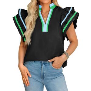 Cicy Bell Womens Ruffle Cap Sleeve Tops Color Block V Neck Dressy Casual Blouses Summer Pleated Loose Fit Shirts (Large, Black)