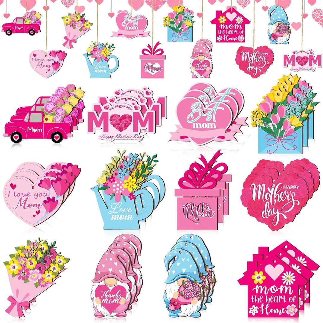 Patelai 36 Pcs Mothers Day Ornaments for Tree Pink Gnome Floral Flower Best Mom Love Mom Wooden Sign Mother's Day Tree Decorations for Home Birthday Party Supplies