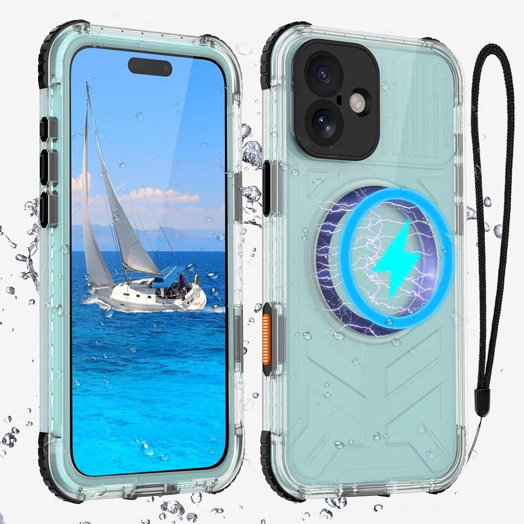 Magnetic Waterproof Frosted Case for iPhone 16 Plus 6.7 inch, with Wrist Strap, Built-in Screen Camera Protector, Military Grade Shockproof, Full Body Rugged Phone Cover, Black-Side