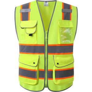 JKSafety 9 Pockets Hi-Vis Neon Yellow Color Zipper Front Safety Vest with Fluorescent Orange Extend Edge outlining the Reflective Tapes Meet ANSI/ISEA Class 2 Standard (901-Yellow, 5XL)