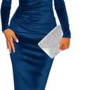 Wenrine Women's Velvet Bodycon Midi Dress Long Sleeve Ruched Elegant Cocktail Party Dresses (Medium, Navy)