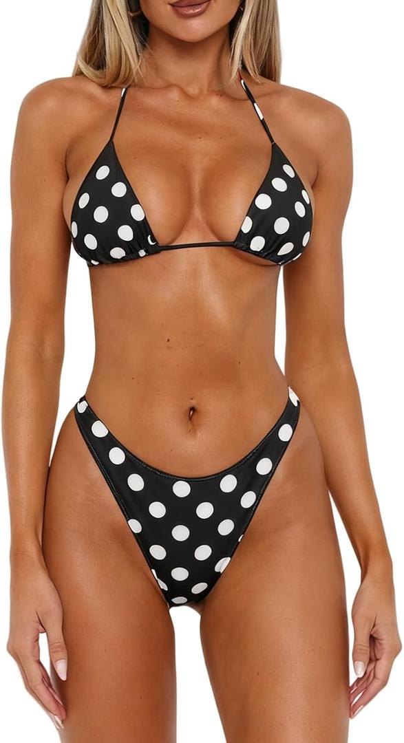 Women Polka Dot Bikini Sets Sexy Halter String Triangle High Cut Cheeky 2 Piece Bathing Suit (Black, S)