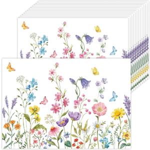 50 Pack Wildflower Paper Placemats Disposable,16x 11 Inch Spring Floral Placemats Butterfly Wildflower Table Mats for Kitchen Dining Wedding Birthday Spring Party Supplies