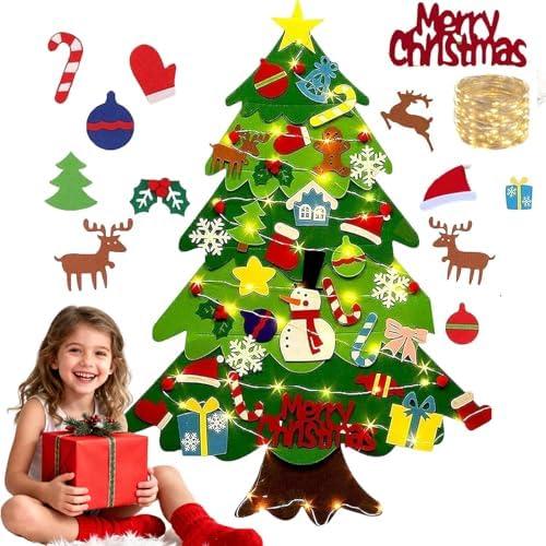 Felt Christmas Tree for Toddlers Kids 3.1ft Christmas Wall Decor with 28 Ornaments (Stocking/Candy Snowman) LED Lights and Adhesive Pads, DIY Wall Hanging Xmas Decoration for Home Party Gift for Kids Pack of 4