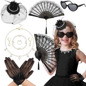 Jenaai 8 Pcs Girls Tea Party Fascinators Gloves Hats Necklace Fans Tea Party Gloves Hats for Girls Costume Accessories (Black)