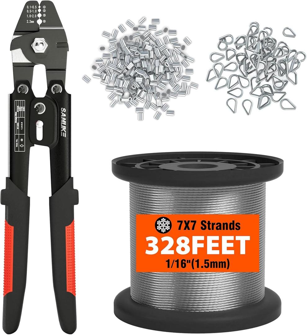 Sanuke Wire Rope Crimp Kit with 328ft Stainless Steel Cable 7x7 Strand Core 1/16'' Aluminum Crimp Loop Sleeves and Wire Rope Stainless Steel Thimble Sanuke Wire Rope Crimp Kit with 328ft Stainless Steel Cable 7x7 Strand Core 1/16'' Aluminum Crimp Loop Sleeves and Wire Rope Stainless Steel Thimble