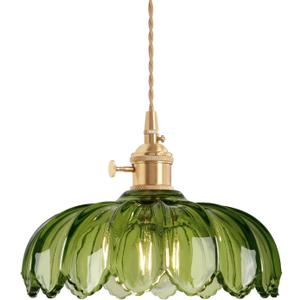 Pendant Light with Green Scindapsus Glass Lmapshade, Brass Vintage Pendant Light Adjustable Hanging Light for Kitchen Island Dining Room Hallway (Hardwired 1 pack, Scindapsus Green)