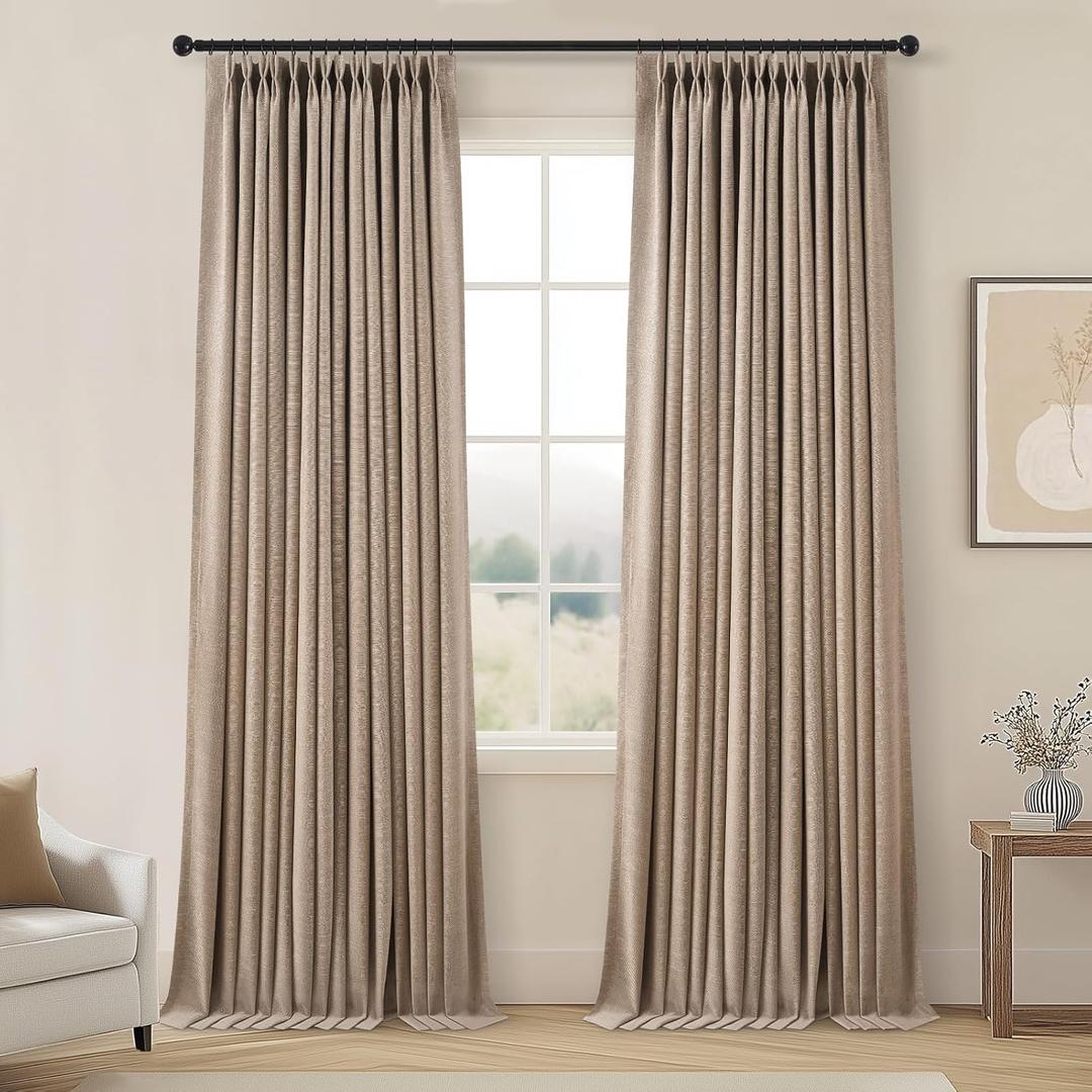 96 Inch Long Pinch Pleated Dark Linen Color Curtains,100% Blackout Thermal Insulated Natural Pinch Pleat Rustic Country Style Drapes with Hooks Rings 2 Panel Sets,Taupe Tan 8FT Window Curtain