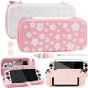 RHOTALL Cherry Blossom Carrying Case for Nintendo Switch 2,Cute Sakura Protective Travel Case,Pink White Flower Dockable Shell Cover for Switch 2,Screen Protector,Shoulder Strap,2 Thumb Caps-Girls