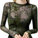METWAY Green Sheer Top Women Mesh Long Sleeve Tops Lace Turtleneck See Through Undershirt Sexy Blouse Going Out T Shirt, XL