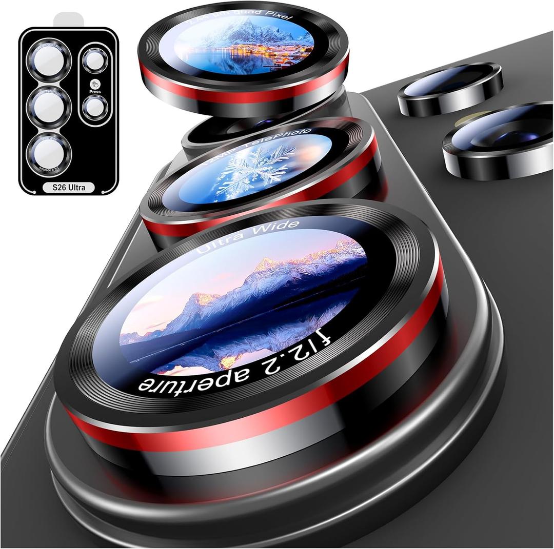 Uyiton for Samsung Galaxy S26 Ultra Camera Lens Protector - [Case-Friendly][Not Easy to Break][Ultra-Thin] Military-Grade Tempered Glass with Aluminum Metal Rear Camera Screen Cover - Black+Red