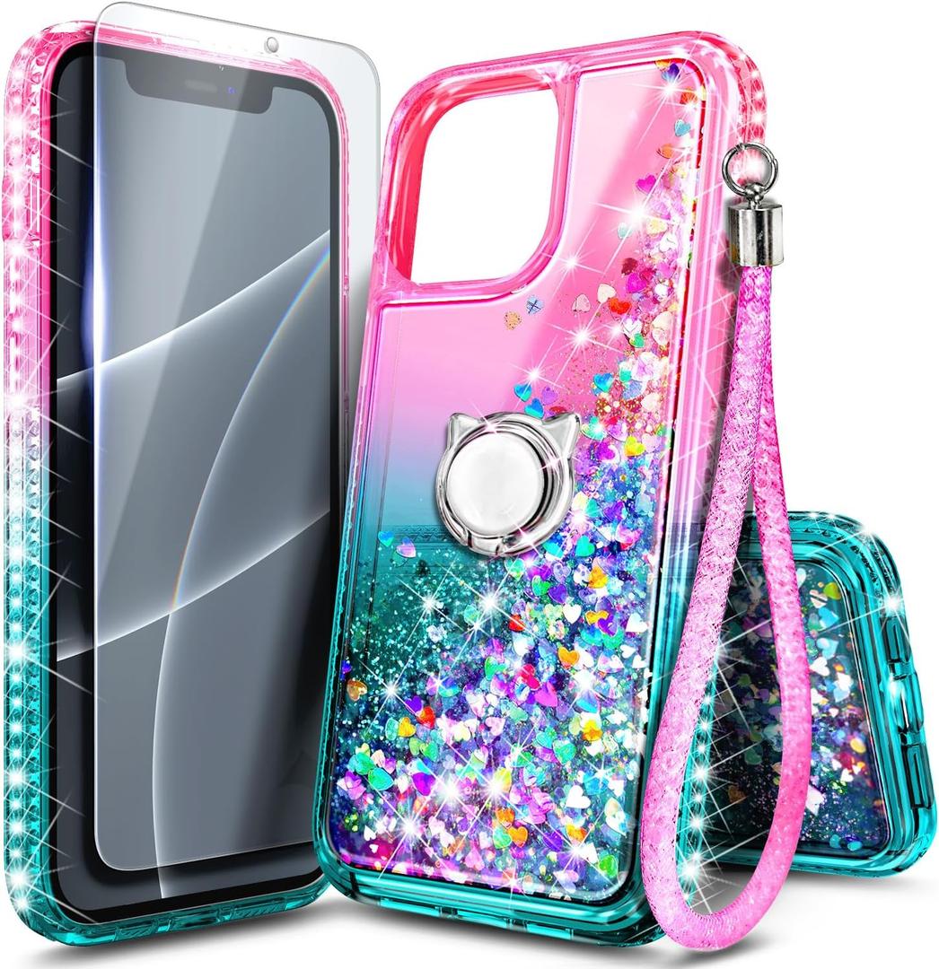 NGB Supremacy Designed for iPhone 12/ 12 Pro Case with [Tempered Glass Screen Protector & Ring Holder/ Lanyard Wrist Strap] for Girls Women Kids, Glitter Liquid Bling Cute Sparkle Cover (Pink/ Aqua)