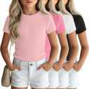 4 Pcs Girls Shirts Short Sleeve Ribbed Knit Tops Crew Neck Slim Basic Tees Solid Casual Cute T Shirts (13-14 Years, Black, White, Peach Pink, Light Pink)