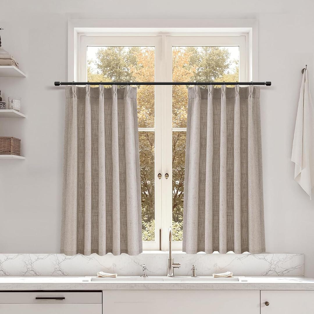Beige Kitchen Curtains 36 Inch Length Tier Drapes, Linen Textured Small Cafe Farmhouse Rustic Pinch Pleated Light Filtering Semi Sheer Short Window Curtain for Bathroom Basement Camper RV 25x36, 2PCS