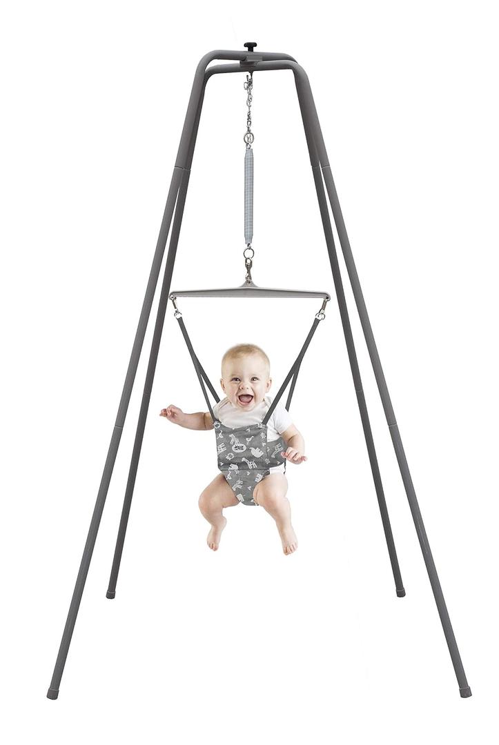 Jolly Jumper Elite (Grey Safari) Baby Exerciser - Sturdy Frame, 6 ft Tall Stand Baby Jumper, Indoor and Outdoor Exercise Saddle Seat, Adjustable Height, for Infants up to 28lbs