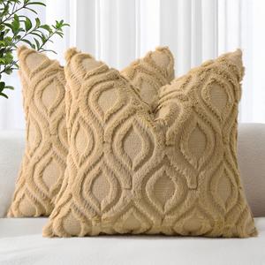 decorUhome Throw Pillow Covers 22x22 Inch Set of 2, Soft Plush Faux Wool Khaki Solid Couch Pillow Covers, Accent Farmhouse Neutral Square Pillow Cases for Sofa Bed Living Room Home Decor