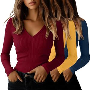 Ficerd 3 Pack Women's Long Sleeve T Shirts Cotton V Neck Slim Fit Tops Ribbed Knit Layering Casual Basic Tees Fall (M)