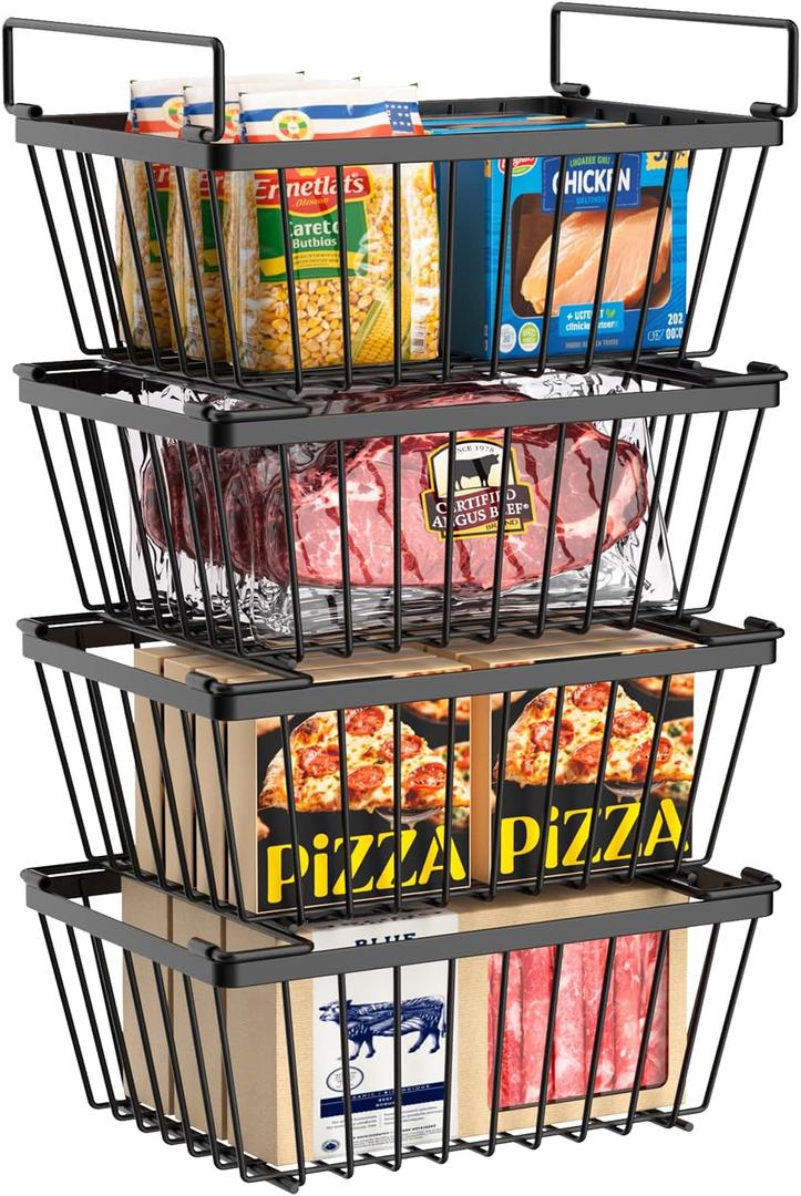 Freezer Organizers Bins with Folding Handles4 Pack Stackable Upright Freezer Organizers Baskets for 5-7 Cu.Ft Deep Freezer Storage, Increased Space for Food Storage, Easy to AccessBlack