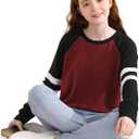 Girls Shirts Long Sleeve Crewneck Striped Sweatshirts Casual Tops for 6-13 Years (Burgundy)