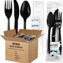 KitchenDine 100 Pack Medium Weight Wrapped Black Plastic Cutlery Pack with Napkin and Salt/Pepper Packets (Black)