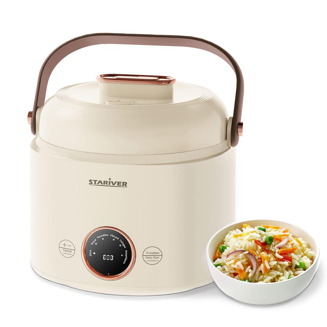 Stariver Small Rice Cooker, 2 Cups Uncooked Mini Portable Rice Cooker with Handle, Non-Stick Ramen Cooker, Rice Maker with Keep Warm & Delay Start Function, Electric Pot,1L