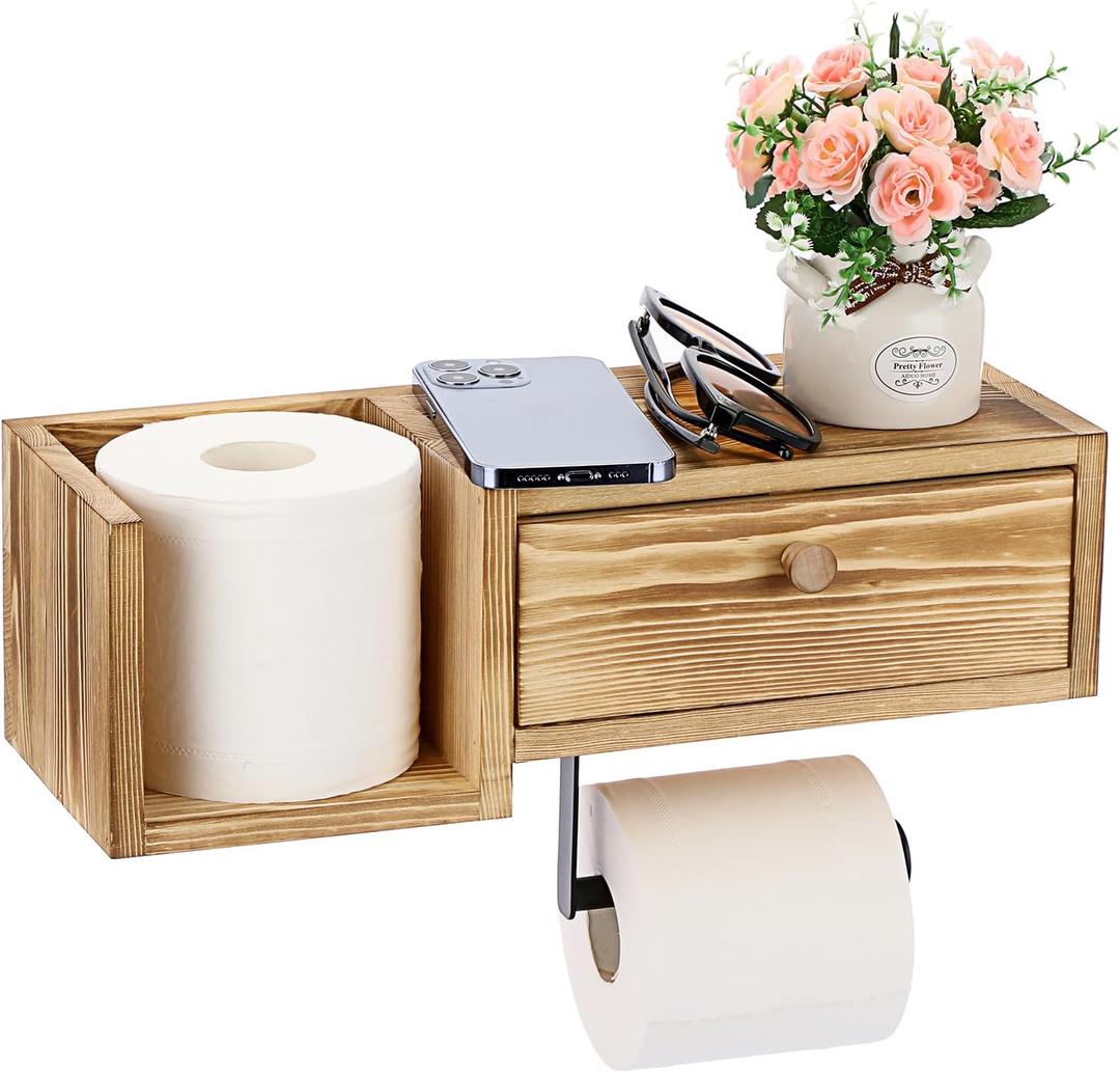 Sumnacon Rustic Toilet Paper Holder - Vintage Wall Mount with Shelf for Bathroom, Kitchen Decor, Light Wood