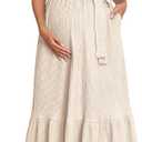 AISWI Maternity Short Sleeve Maxi Dress with Belt Crew Neck Pregnancy Tiered Ruffle Flowy Pocket Dresses Baby Shower
