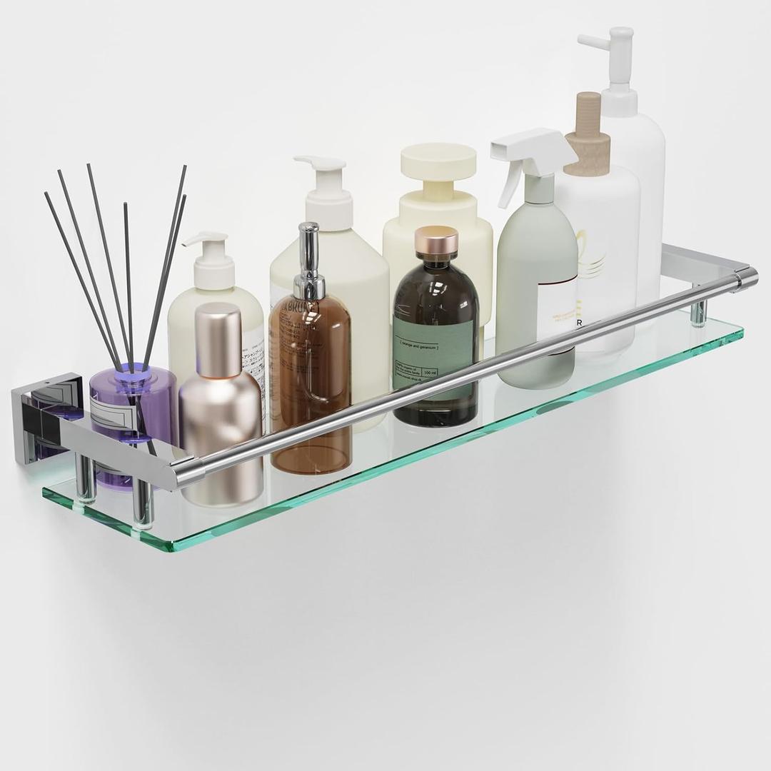 SFGSOWOR Glass Shelf for Bathroom Wall Sheves 24 inches Rectangular Stainless Steel Tempered Glass Modern Wall Mount Accessories Organizers Storage (Chrome Polished, 24‘’)
