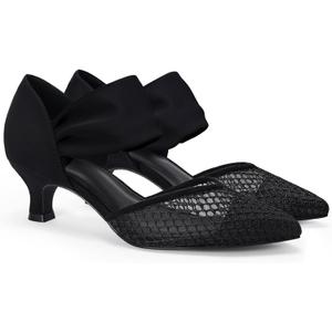 Coutgo Womens Low Kitten Heel Dress Shoes Pointed Toe Slip on Ankle Strap Cutout Elegant Party Wedding Pumps (9, Mesh Black)