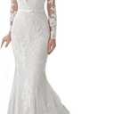 MuXiuFC Long Sleeve Mermaid Wedding Dresses for Bride 2022 Lace V Neck Boho Bridal Gowns Women Style13-Ivory 12