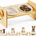 Ceramic Elevated Cat Bowls - 15 Raised Bowl for Indoor Cats & Small Dogs, Natural Bamboo, Anti Vomiting, Dishwasher Safe