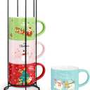 Set of 4 Stackable Christmas Mugs, 15.8 Oz Coffee Mug With Stand, Holiday Hot Cocoa Mugs for Mom Family Colleagues Friend & Farmhouse Cocoa Tray Decor