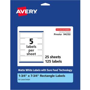 Avery Matte White Rectangle Labels, Sure Feed Technology, 1.75" x 7.75", 125 Matte White Printable Labels Avery Matte White Rectangle Labels, Sure Feed Technology, 1.75" x 7.75", 125 Matte White Printable Labels