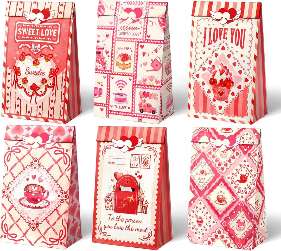 Aobkiat 24Pcs Valentines Day Treat Bags for Classroom Parties,Gift Bags Bulk Party Favors-Red Pink Goodie Bags With Sealing Stickers,Guest Gift Bag for Anniversary,Wedding,Engagement