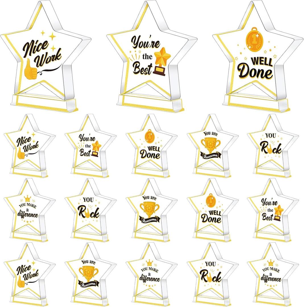Treela 18 Pcs Employee Appreciation Awards Gifts Bulk Small Acrylic Trophies Mini Thank You Plaque Gifts for Recognition Adults Students Classroom Office Graduation Decorations(Star,Gold)