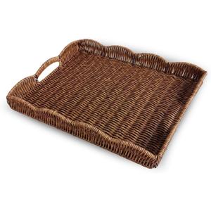 Serving Tray with Scalloped Edge, Rectangular Wicker Tray with Handles, Ideal for Breakfast or Meals in Bed and on Sofa, Decorative Coffee Table Tray to Enhance Dining (Coffee Brown)