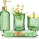 Haturi Bathroom Accessories Set, 4 Pcs Green Glass Bathroom Accessory Set Complete w/Lotion Soap Dispenser, Toothbrush Holder, Qtip Holder, Vanity Tray, Gold Bathroom Decor, Gift for Home Apartment